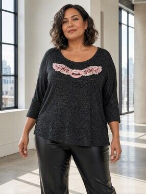 Melissa Masse 2X Embroidered Winged Lips Dolman Top Black